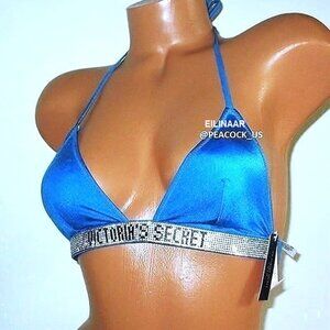 Victoria Secret Swim Shine Strap Triangle Bikini Top SZE SMALL Logo Bling Blue